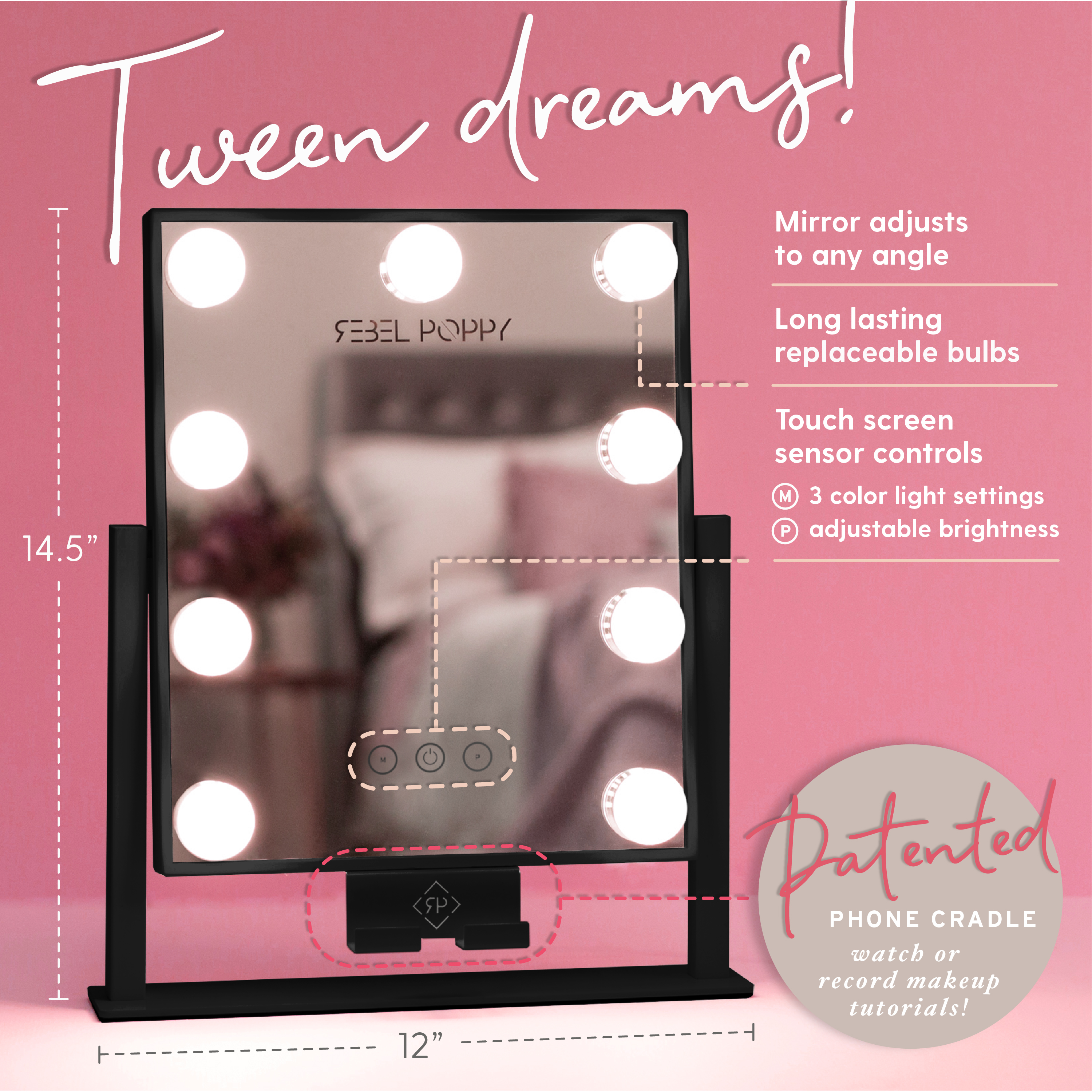 Black Mini Lighted Vanity Makeup Mirror, 14.5” x 12”